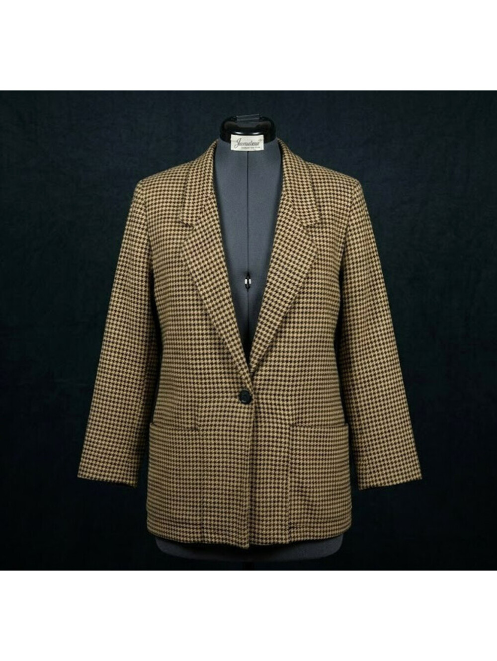 VTG Joanna Houndstooth Blazer Womens Small Brown Tan Single Button Jacket USA 80